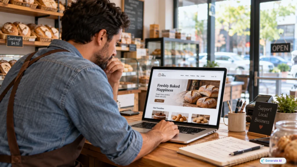 Small business owner reviewing a new website draft on a laptop at a shop counter