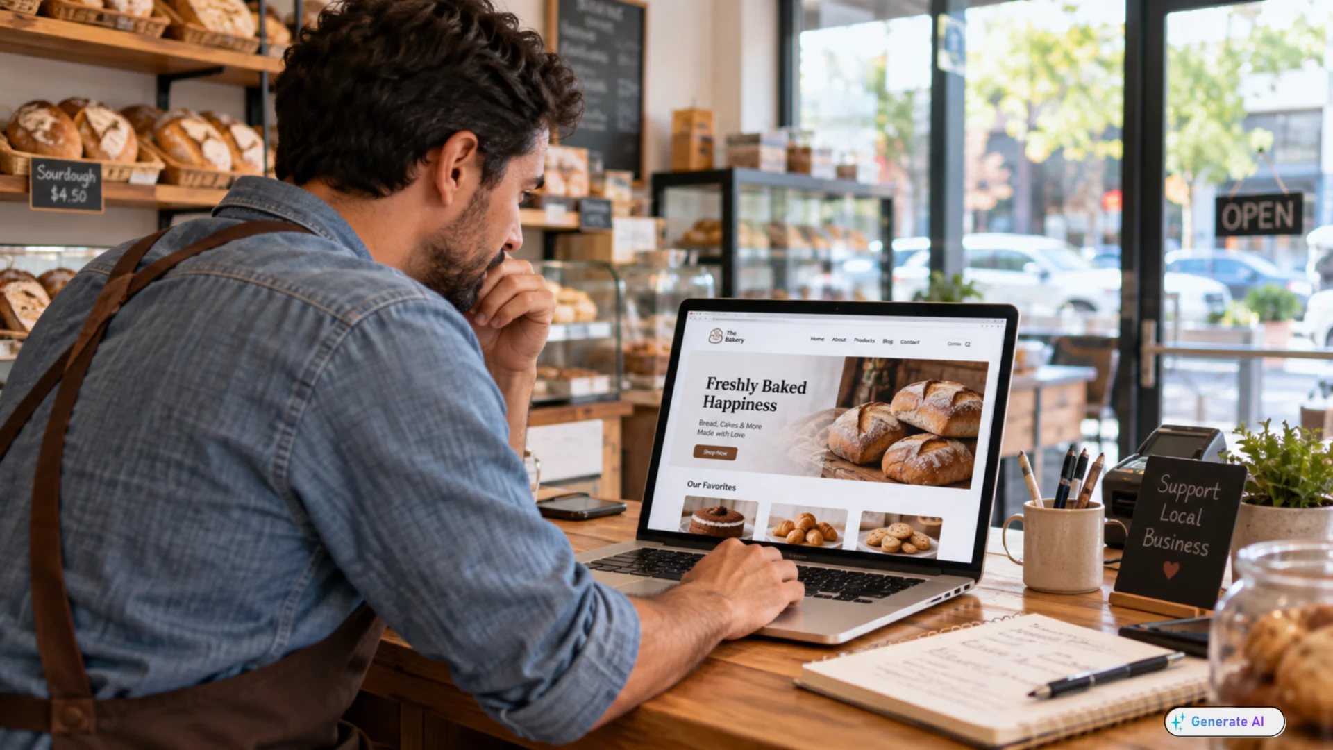 Small business owner reviewing a new website draft on a laptop at a shop counter