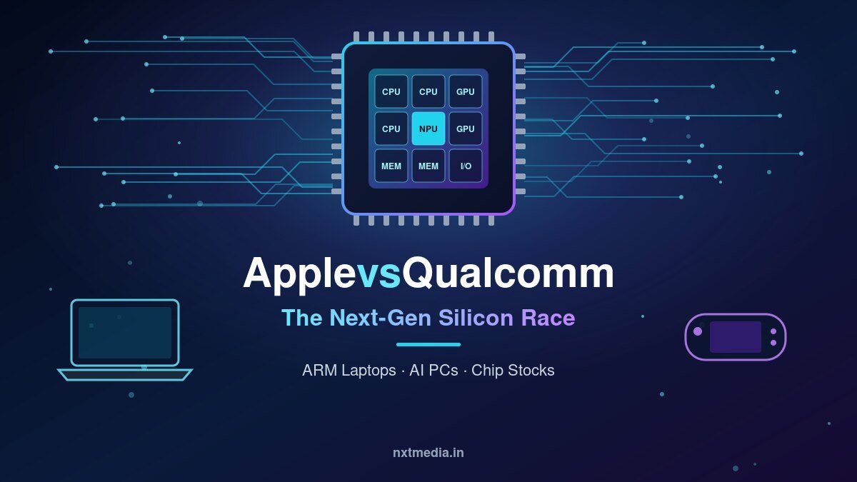 Apple vs Qualcomm next-gen silicon race illustration with a processor chip showing CPU, GPU and NPU cores, a laptop and a handheld gaming PC